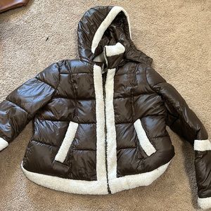 Brown and white womens puffer